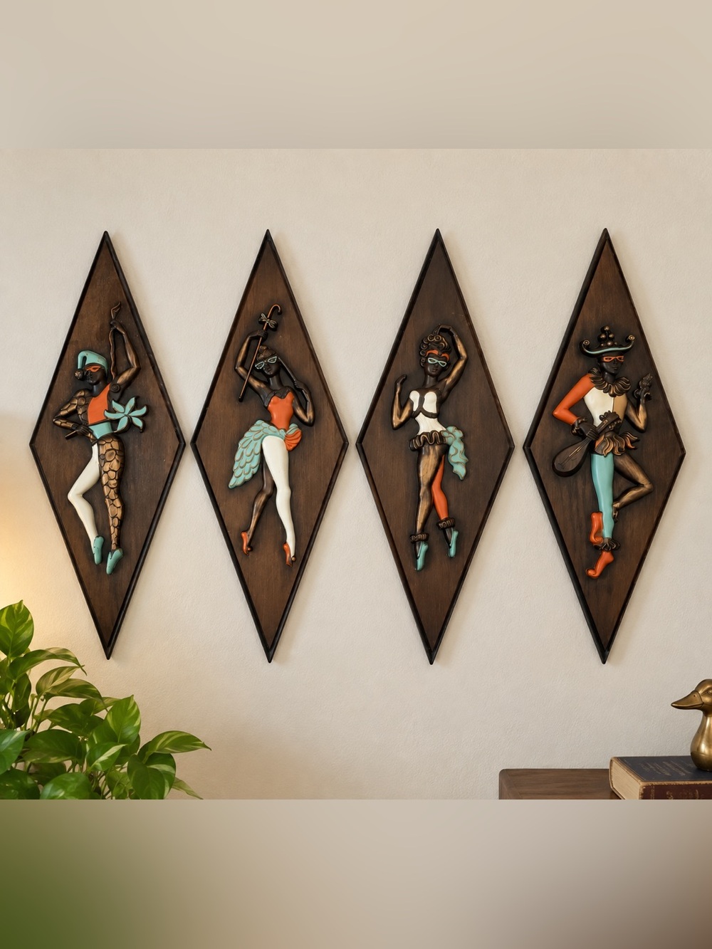 Vintage Turner Mfg. Co. Harlequin Dancer Wall Plaques – Set of 4 – MCM